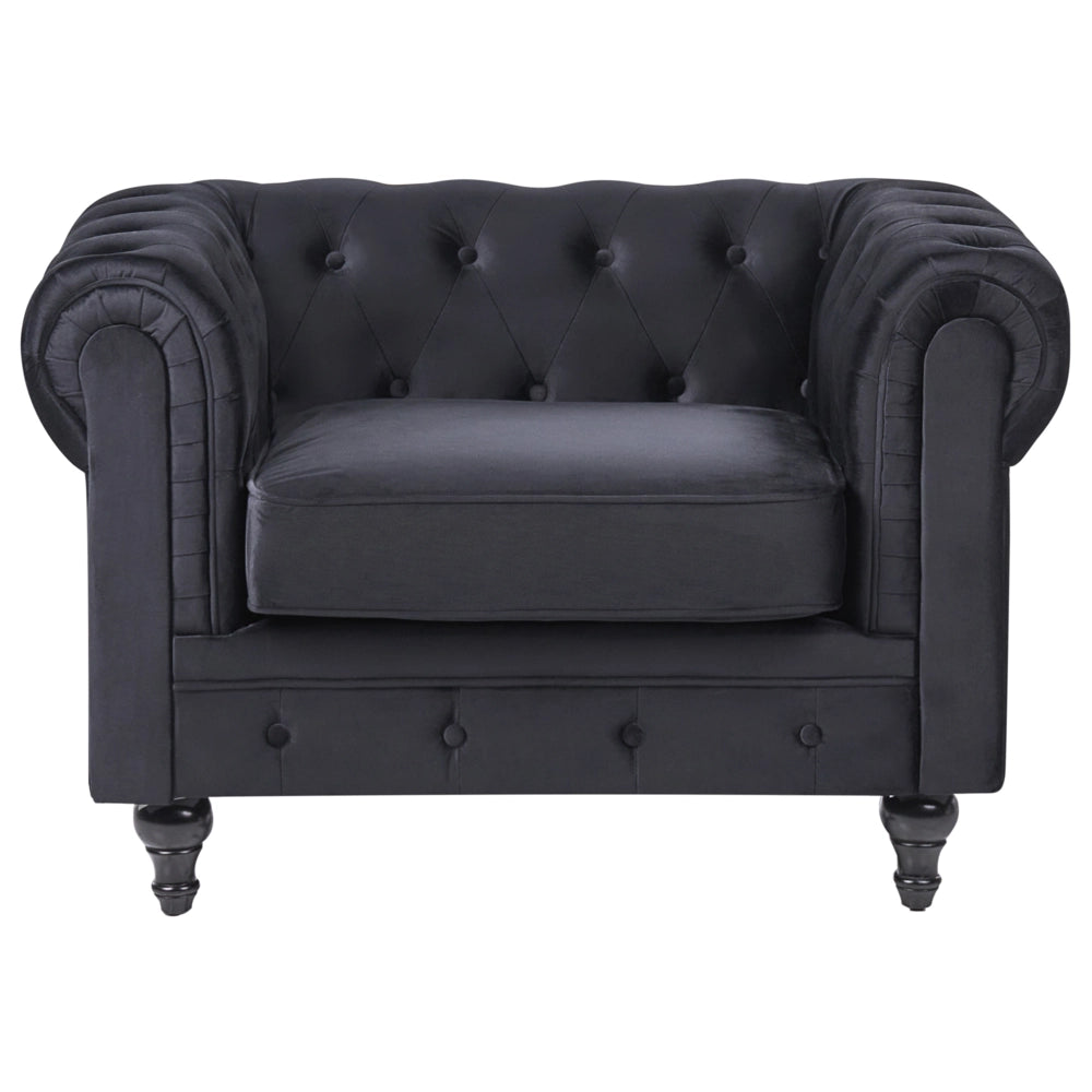 Poltrona Chesterfield Rivestimento in Tessuto Velluto Nero Gambe in Legno Scuro Contemporanea