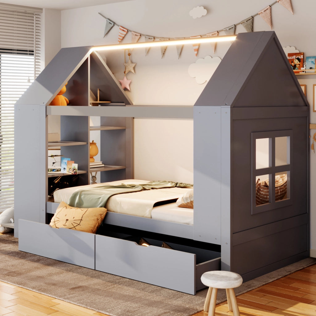 Letto per bambini 90 × 200 cm con due cassetti, led, contenitore e finestra decorativa, senza materasso, in legno, grigio
