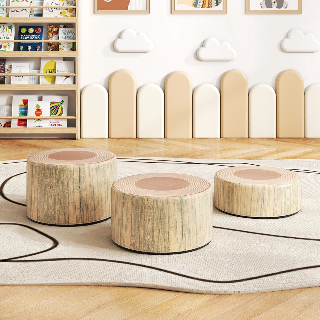 Set 3 sgabelli ceppo albero cuscini pavimento stampa legno altezze diverse, Sgabelli rotondi bambini aula casa asilo decorazione naturale tinta legno chiara