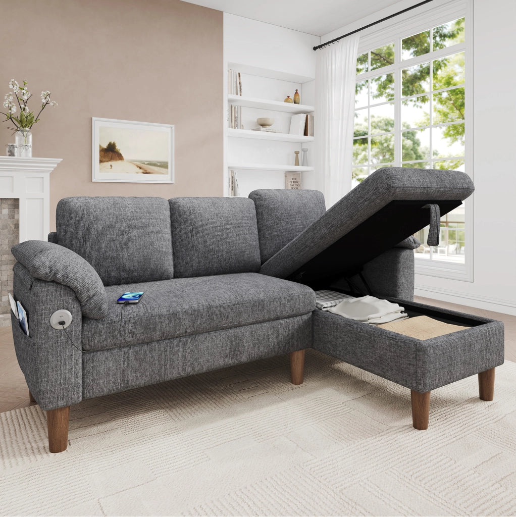 Divano angolare a L 3 posti con chaise longue reversibile; contenitore; USB/Type-C; grigio chiaro