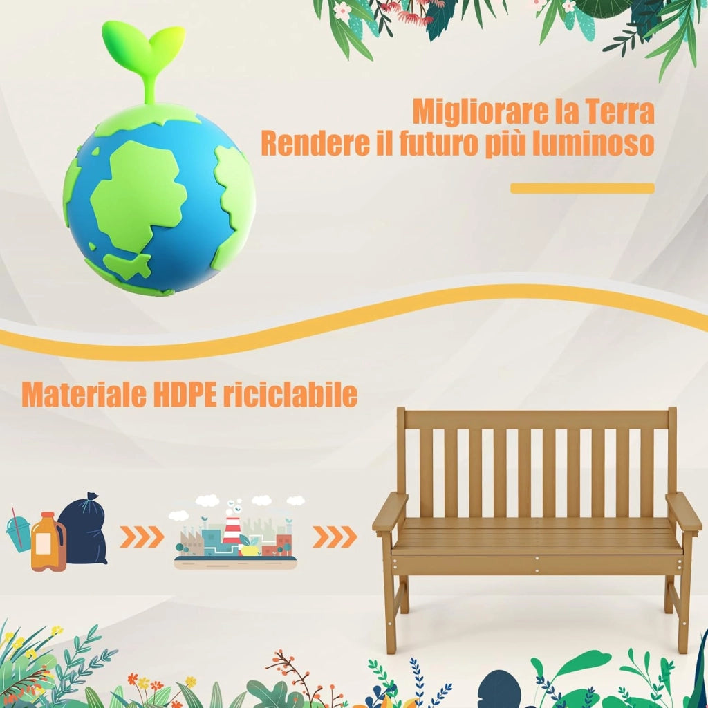 Panchina da Esterno, Panca da Giardino in HDPE Resistente con Schienale e Braccioli, Panchina da Parco, Balcone, Spogliatoio e Cortile, 132 x 65 x 91 cm (Naturale)