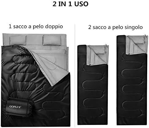 Sacco a Pelo Matrimoniale, Sacco a Pelo XL Matrimoniale per 2 Persone, con 2 Cuscini, per Campeggio, Escursionismo, attività all'Aria Aperta, 220 x 150 cm(Nero)