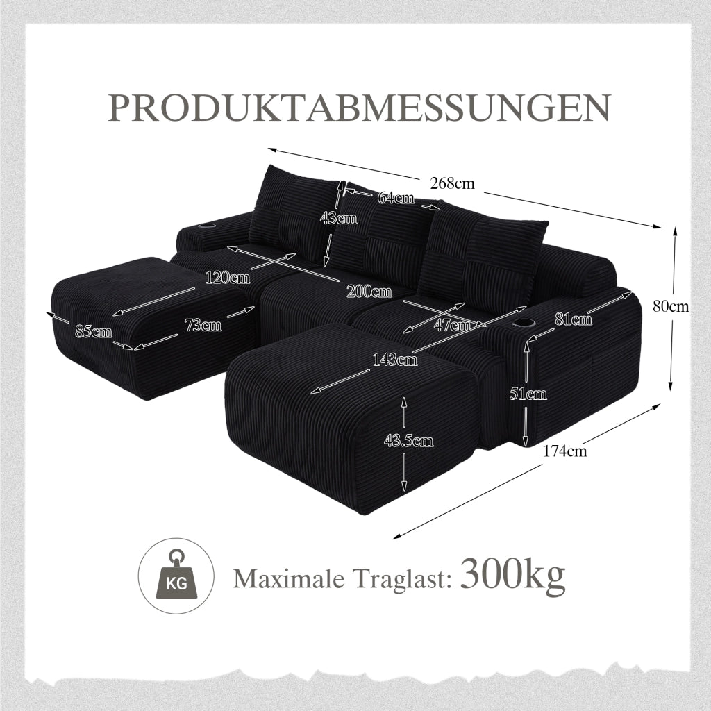 Divano modulare a 3 posti con portabicchieri e tasca laterale in tessuto effetto corduroy nero 268 × 174 × 66 cm