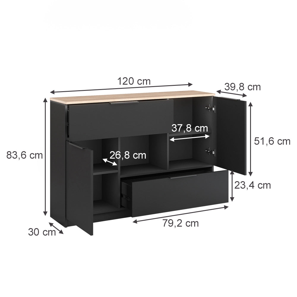 Vicco Cassettiera per camera da letto Antracite 120 x 83.6 cm 2x porta, 2x cassetto e 1x scomparto aperto