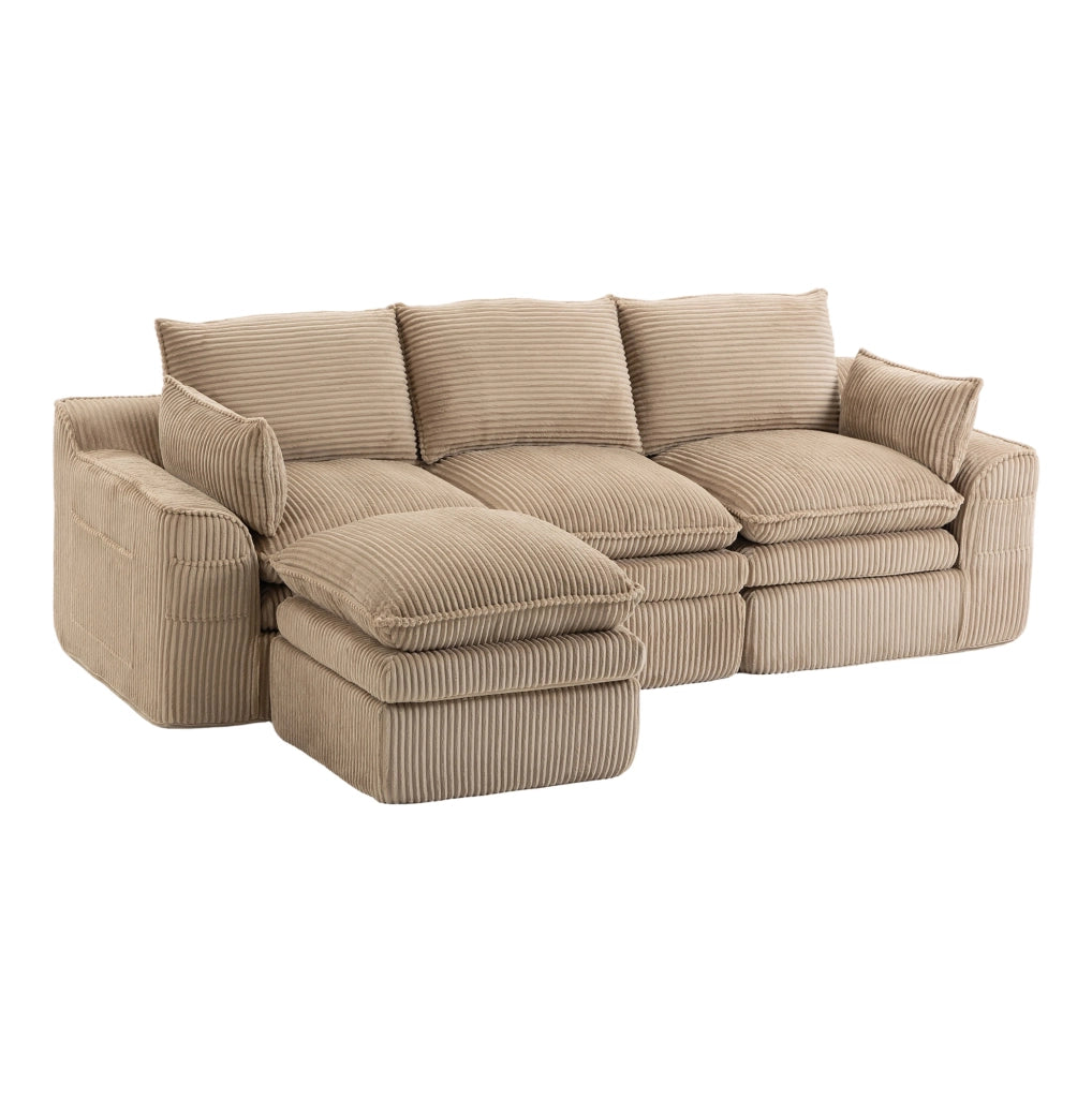 Divano modulare in velluto a coste con pouf; khaki; 263 x 167 x 85 cm