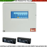 CENTRALE ANTINCENDIO 4 ZONE GESTISCE 128 SENSORI COMANDA BLOCCA PORTE R.E.I ALLARME TELEFONICO SIRENE SPEGNIMENTO 2 BATTERIE 12 V 2 AH