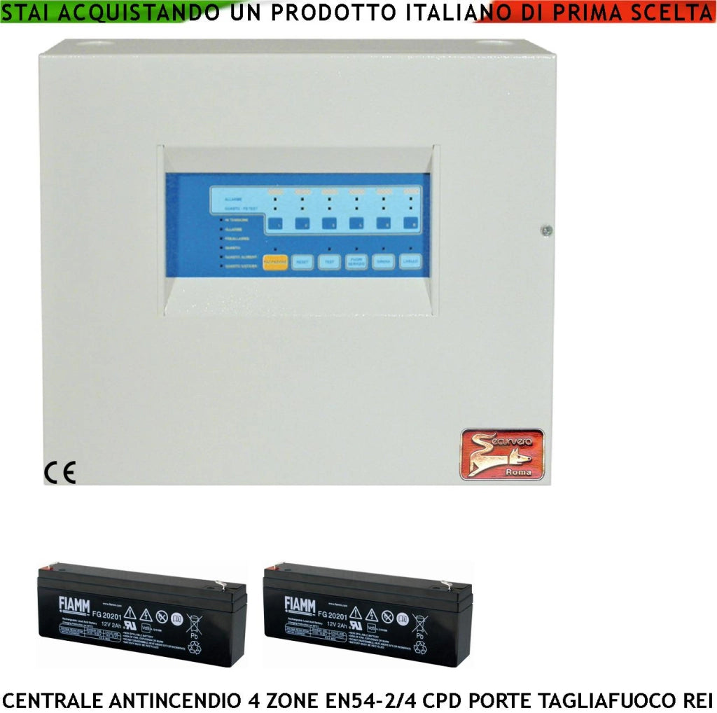 CENTRALE ANTINCENDIO 4 ZONE GESTISCE 128 SENSORI COMANDA BLOCCA PORTE R.E.I ALLARME TELEFONICO SIRENE SPEGNIMENTO 2 BATTERIE 12 V 2 AH