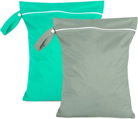 Set di 2 sacchi umidi da 40 x 30 cm, sacchi da bagno impermeabili grigio e verde, valigetta riutilizzabile con cerniera, sacchetto umido per il bagno, per costumi da bagno, lenzuola da spiaggia e pannolini