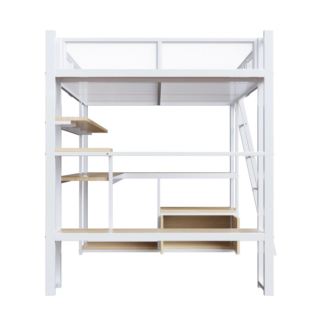 Letto a soppalco 140x200 cm con scrivania; LED e portaoggetti in MDF e metallo bianco