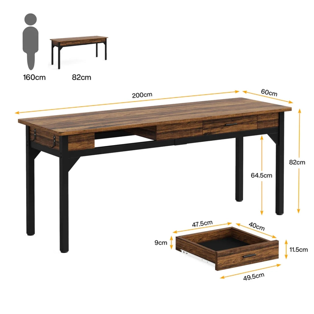Scrivania doppia 200 cm con 2 cassetti e 2 ganci