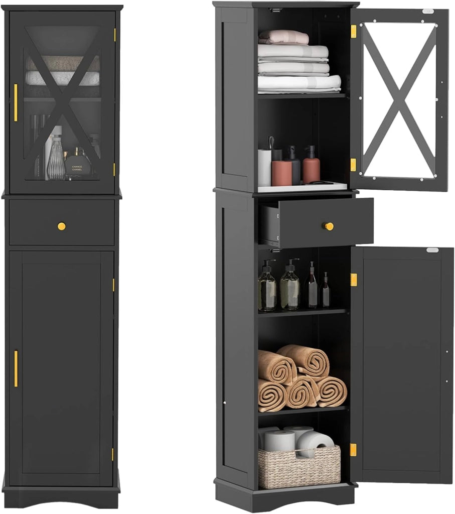 Armadietto da bagno, sottile con 2 ante, 1 cassetto e 3 ripiani regolabili, 40 x 30 x 168 cm, per cucina, soggiorno, bagno, ufficio (nero)