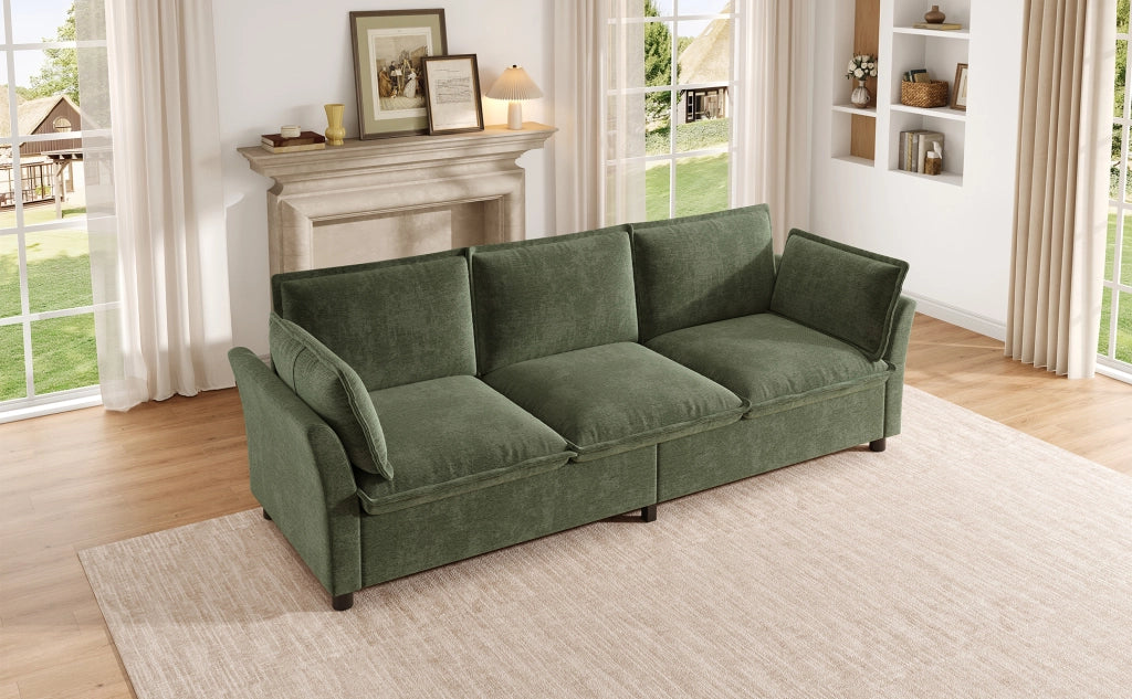Divano 3 posti in chenille con cuscini per braccioli e struttura in metallo verde per soggiorno 220 × 81 × 87 cm