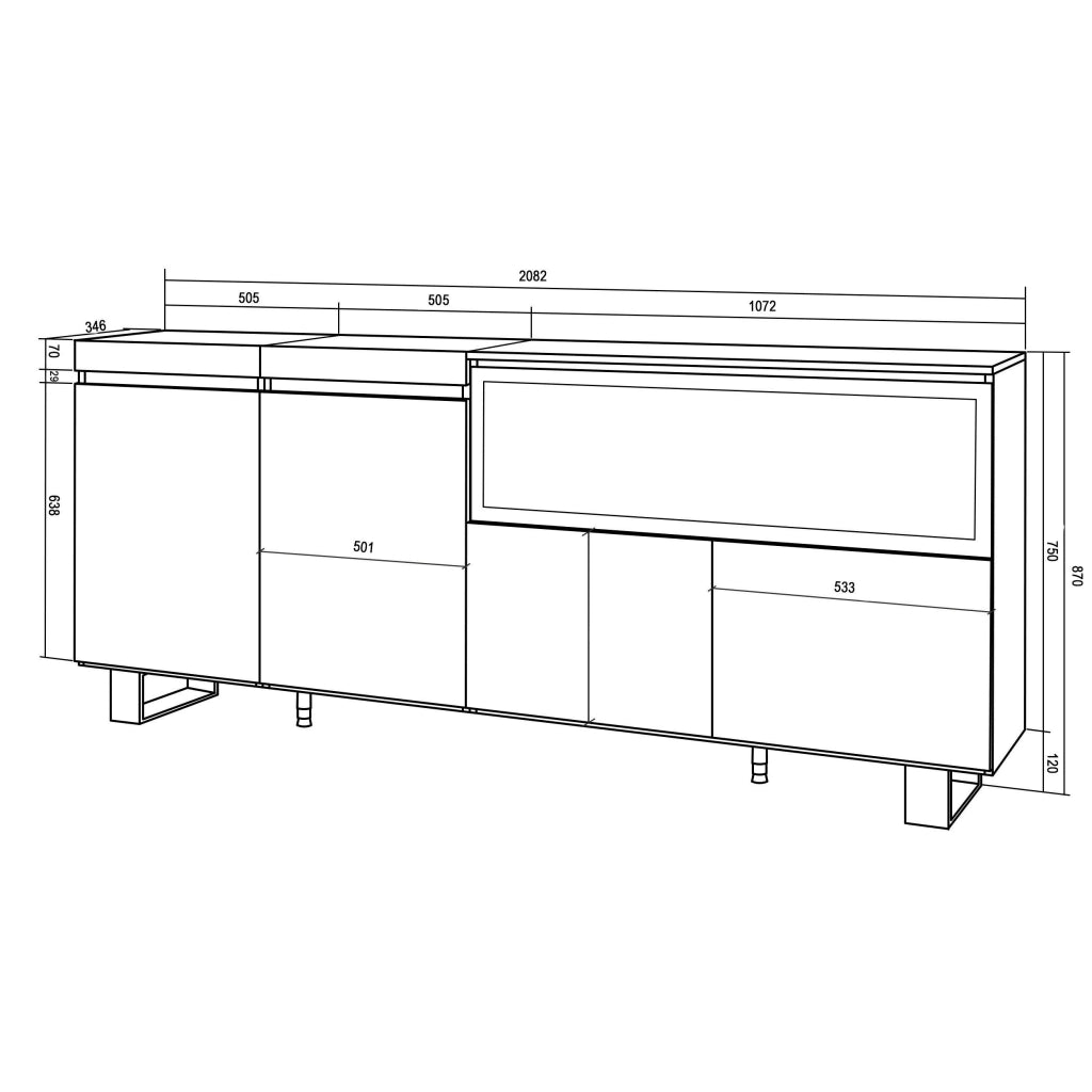 Credenza, Mobile, 208x35x87cm, 4 Porte, Camino elettrico XXL, Design industriale, Nero RF3218