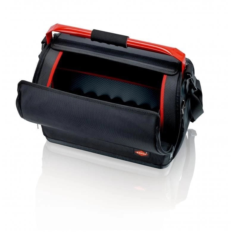 KNIPEX 00 21 08 LE Borsa portautensili LightPack Apribile su entrambi i lati Tessuto poliestere resistente con cerniera e chiusura a strappo Maniglia in acciaio con soft-grip Tracolla regolabile con tasca per cellulare Carico max 20 Kg colore Nero e Rosso