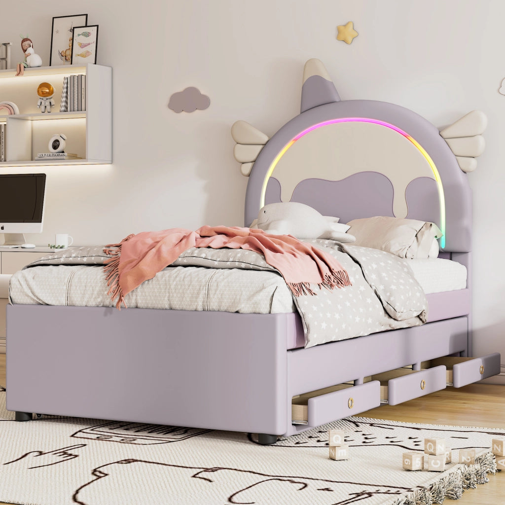 OKWISH Letto Bambini 90×200 cm, Letto Singolo con Letto Estraibile, 2 Cassetti e Testiera a Unicorno, senza Materasso, in PU, Viola