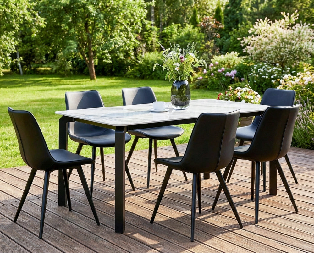 Tavolo da pranzo da giardino piano in pietra sinterizzata nera e bianca lucida e struttura in ferro resistente ai raggi UV e alla ruggine interni ed esterni