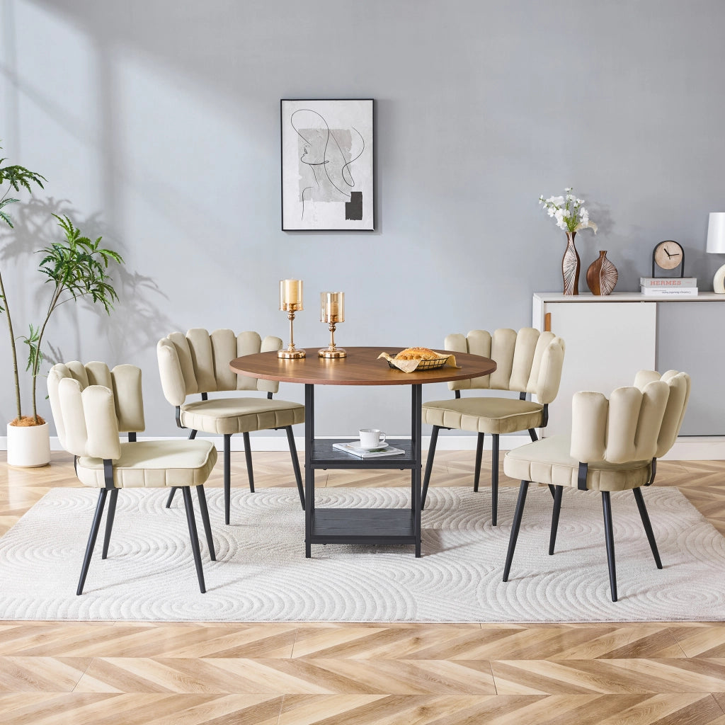 Set tavolo da pranzo e sedie con 1 tavolo rotondo e 4 sedie con ripiani; in tessuto; MDF e metallo noce e nero