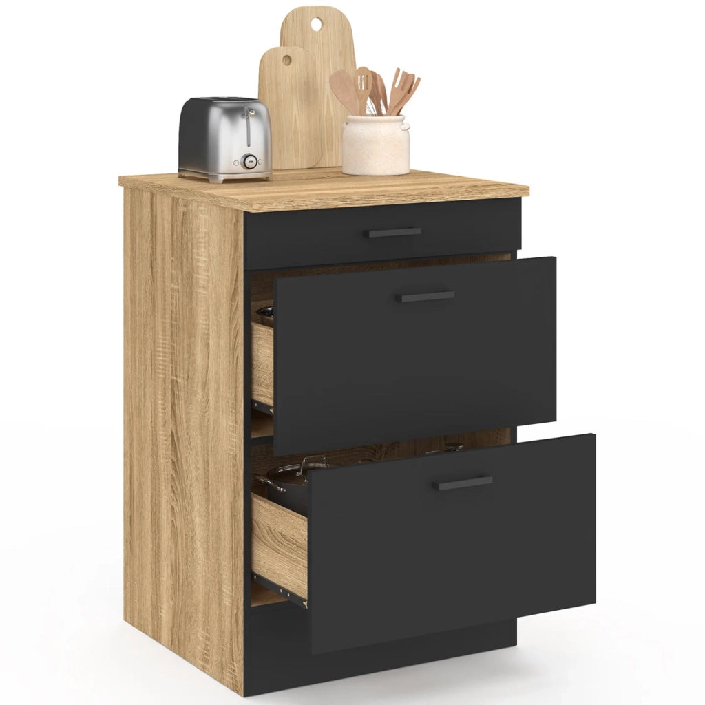 IDMarket - Base cucina 60 cm SUBTIL casseruola occasionale 3 cassetti legno e nero