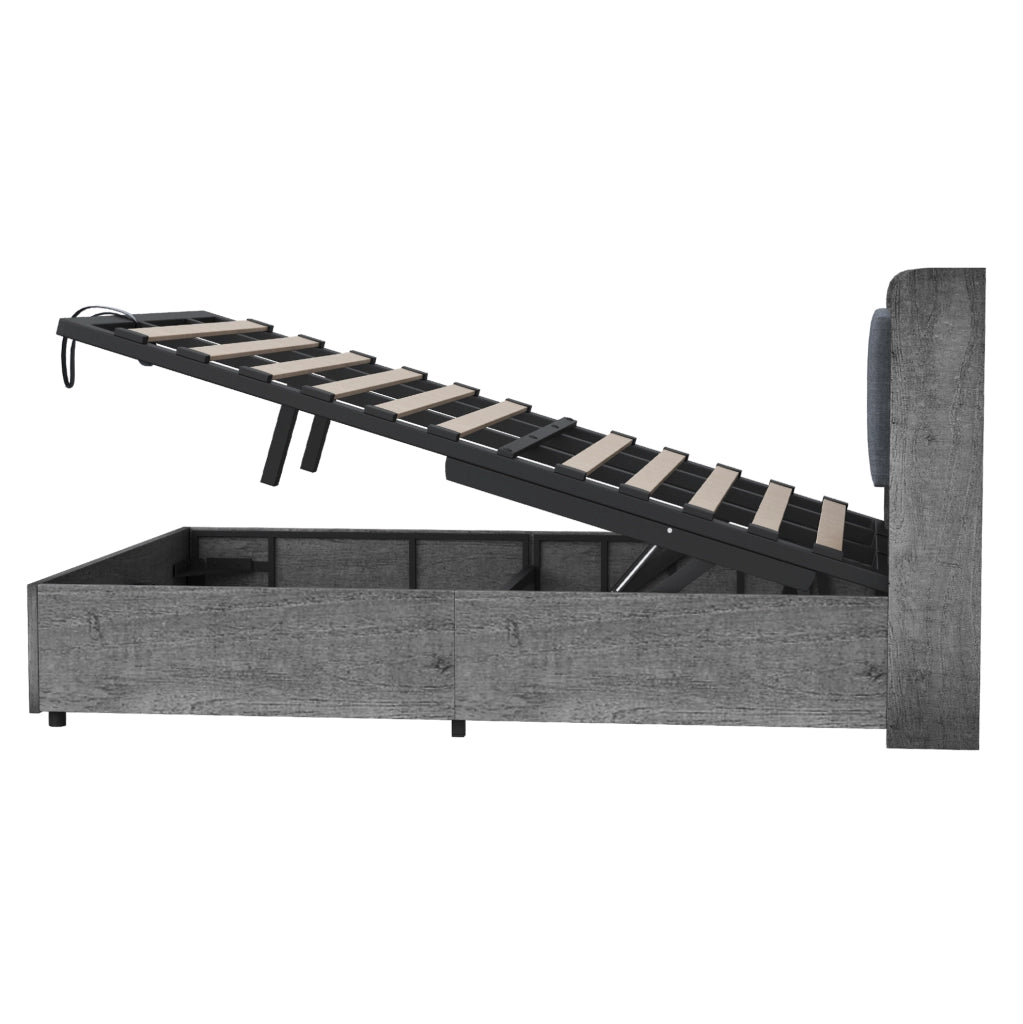 Letto multifunzione 180x200 cm con contenitore idraulico; testiera con vani e presa USB Type-C; grigio