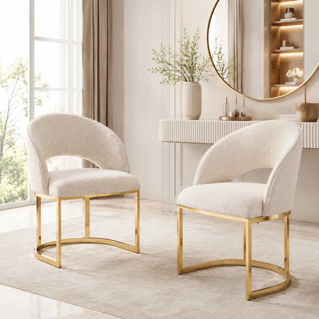Set di 2 sedie da pranzo 67.01x61.01x53.19 cm con rivestimento bouclé e gambe in metallo beige e oro