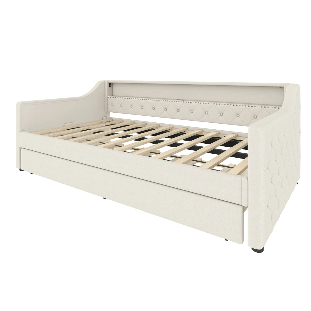 Lettino diurno 90x200; letto estraibile; luci LED; porta USB per ricarica; lino; beige