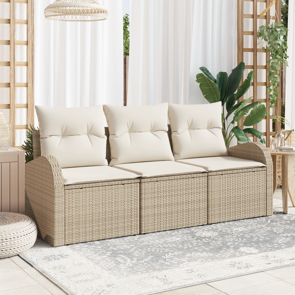 Set divano da giardino 3 pezzi con cuscini Beige Polyrattan