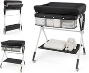 Fasciatoio Pieghevole per Bambini, Fasciatoio Portatile con Altezza Regolabile a 3 Livelli, Fasciatoio Neonato con Ruote di Bloccabili, Ripiano, Porta Asciugamani, per 0-12 Mesi (Nero)