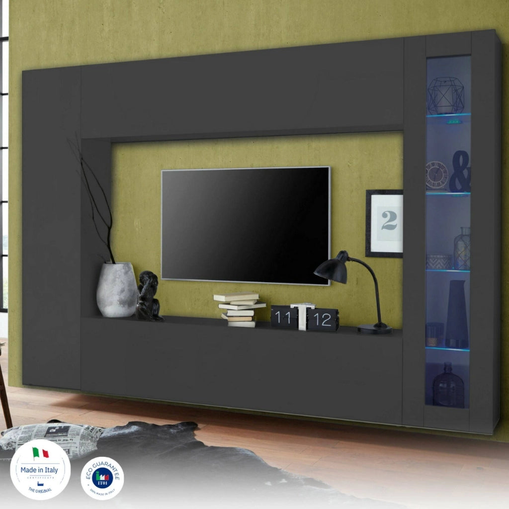 Mobile Soggiorno Alatri, Parete Attrezzata 11 Ripiani Made in Italy, 260x30x180h cm Nero Antracite