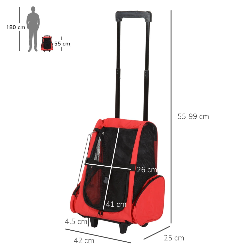 EasyComfort Trasportino Zaino 2 in 1 per Cani e Gatti con Tasche Laterali, Maniglia Telescopica e Ruote, 42x25x55cm, Rosso