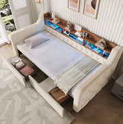 Letto imbottito 90x190 cm con 2 cassetti, LED e testiera in velluto beige