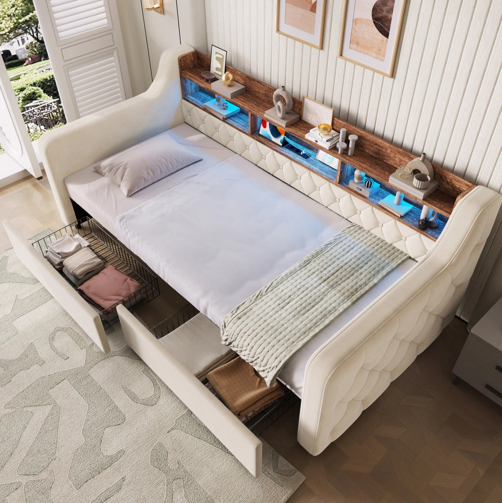 Letto imbottito 90x190 cm con 2 cassetti, LED e testiera in velluto beige