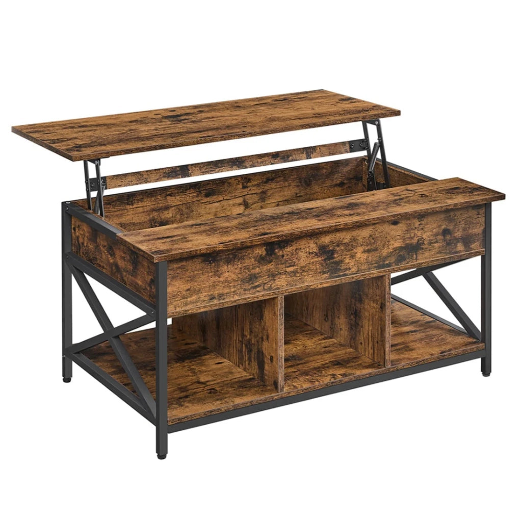 Tavolino da caffè/tavolo da soggiorno con piano sollevabile vano portaoggetti aperto e scomparto nascosto barre a X 60 x 100 x 62 cm marrone 12_0007471