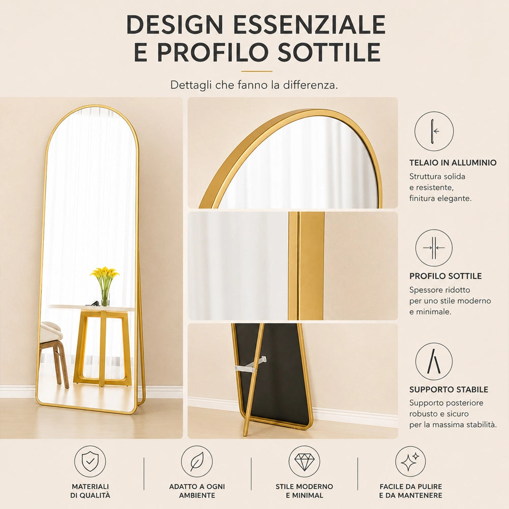 Specchio ad Arco da Terra e Parete Oro Decorazione Design Moderno 155x45 cm