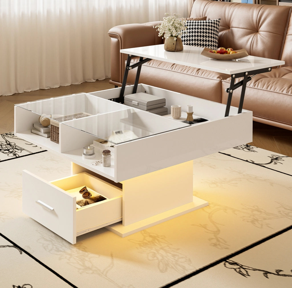 Tavolino da caffè sollevabile 78x78x45,5/59,5 cm bianco con LED e contenitore