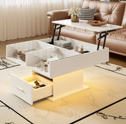 Tavolino da caffè sollevabile 78x78x45,5/59,5 cm bianco con LED e contenitore