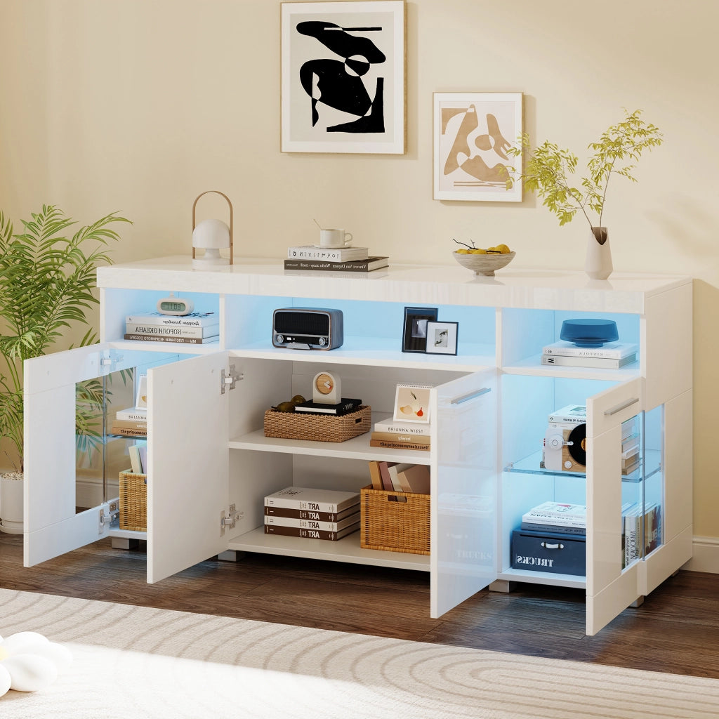 Credenza e madia con LED e ante in vetro temperato, 3 cassetti e 6 vani, per soggiorno, bianco, 140 × 40 × 70 cm