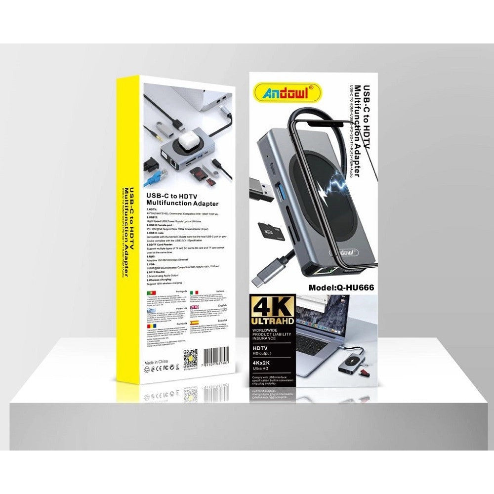 Trade Shop - Hub Docking Station Usb-c Con Ricarica Wireless Q-hu666 Adattatore Multifunzione -