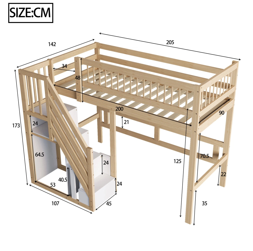 Letto singolo 90x200 cm in legno naturale con scala contenitore; struttura alta