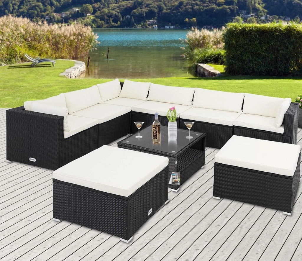 Set Salotto in Polyrattan XL Cuscini Imbottiti Tavolo in Vetro Resistente Mobili da Giardino Salottino Angolo