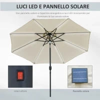 Ombrellone da Giardino Φ270 x 245Acm con Apertura a Manovella e Inclinabile, Luci LED e Pannello Solare, Crema Bianco