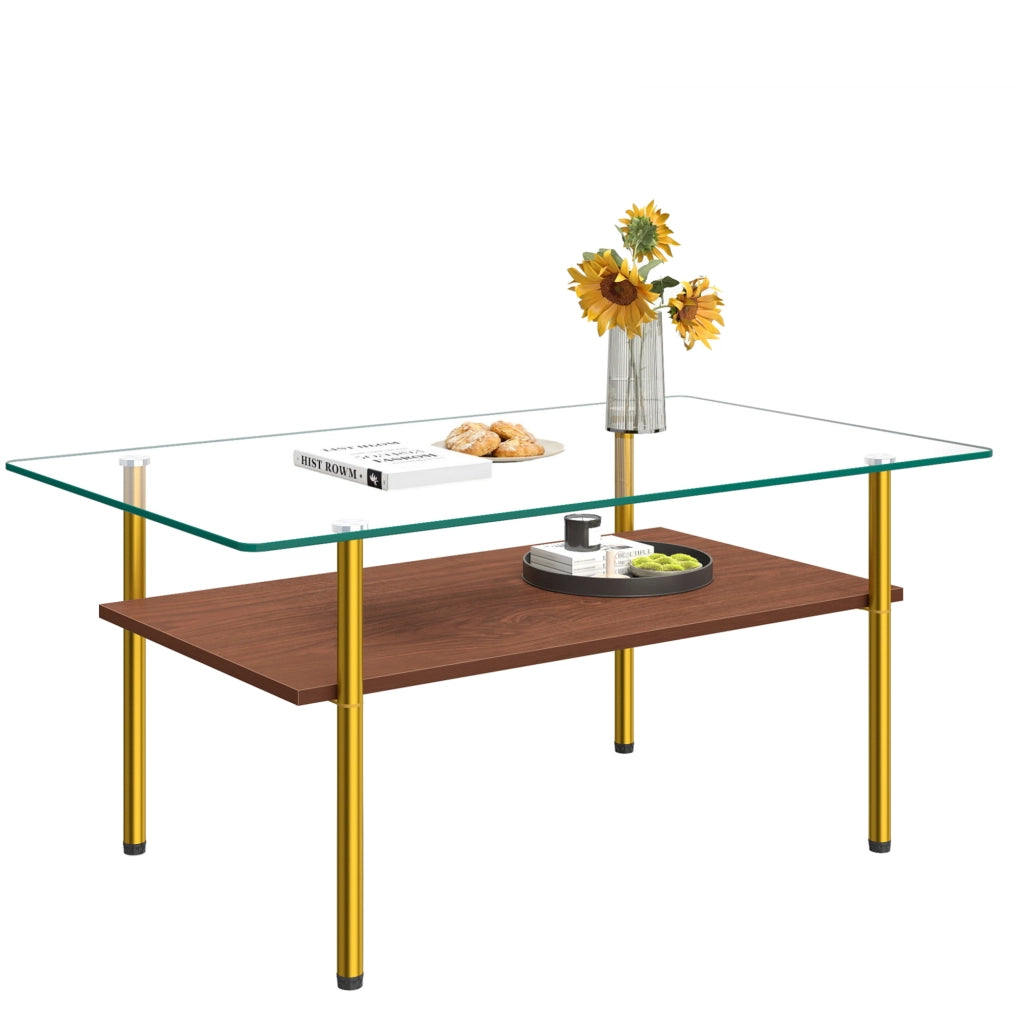 Tavolino da caffè con vetro, ripiano MDF e struttura oro