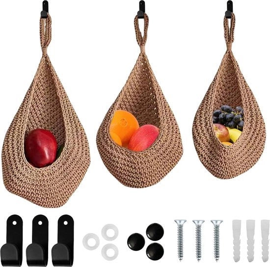 Set di tre fruitari da parete - contenitore per verdure e frutta - fruitiera da parete - organizzatore per cucina, bagno e soggiorno con corda di cotone naturale