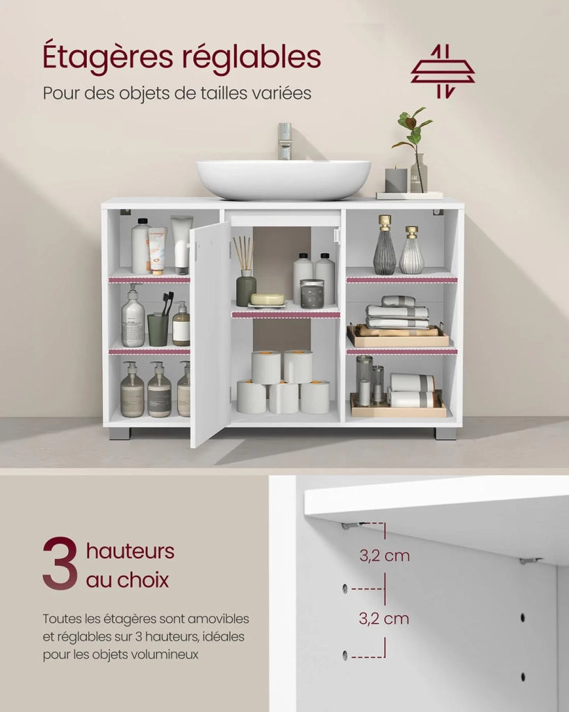 Mobile lavabo da bagno con ripiani e gambe regolabili 30 x 90 x 60 cm bianco 12_0006539