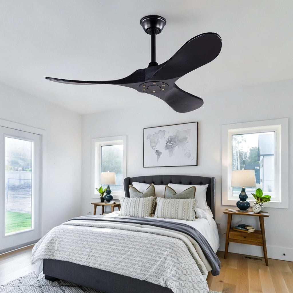 Ventilatore da soffitto nero design moderno 52 pollici, 3 pale legno massello, senza illuminazione, motore DC reversibile silenzioso