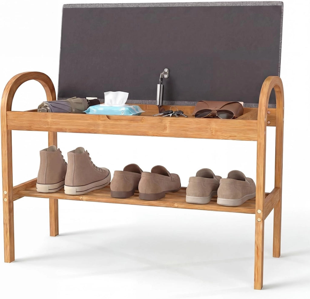 Panca Scarpiera da Ingresso con Contenitore, Panca Imbottita Porta Scarpe in Legno Bambù 2 Livelli, per Corridoio, Camera da Letto e Soggiorno, Carico 150 kg, 70 x 30 x 51 cm