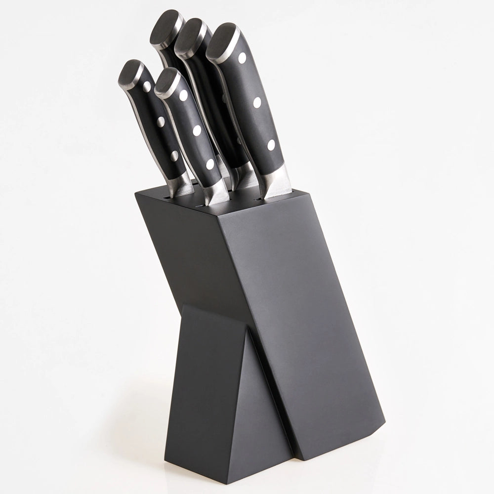 Set moderno di 5 coltelli con blocco in acciaio inossidabile affilati a mano durezza 54 HRC nero