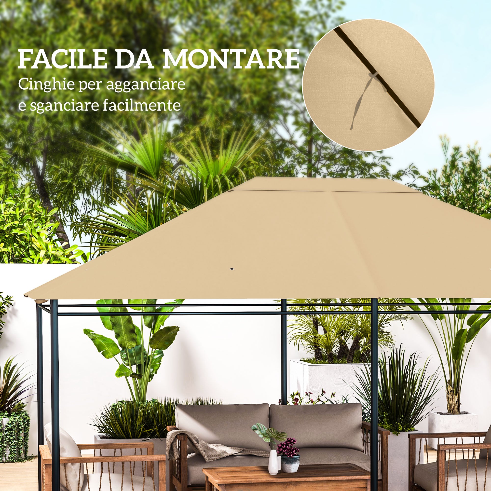 Tetto di Ricambio 4x3 m per Gazebo Anti UV con Presa d'Aria in Poliestere Cachi