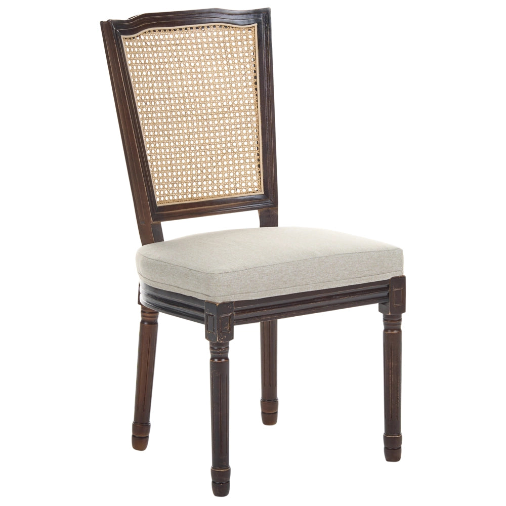 Set di 2 sedie da pranzo con struttura in legno e rivestimento in tessuto marrone scuro e beige, in stile country francese vintage con intreccio viennese