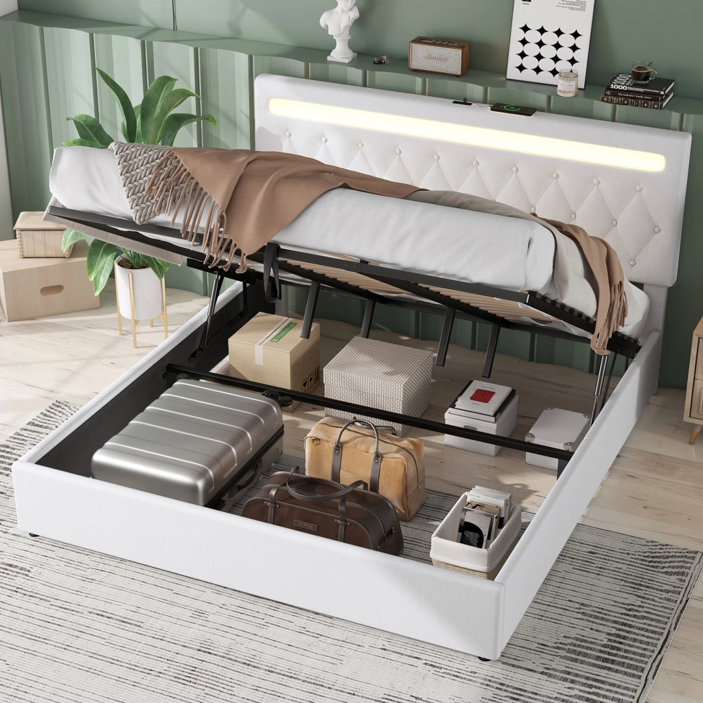 Letti contenitori 180x200 cm con sollevamento idraulico; LED USB; lino e MDF; bianco