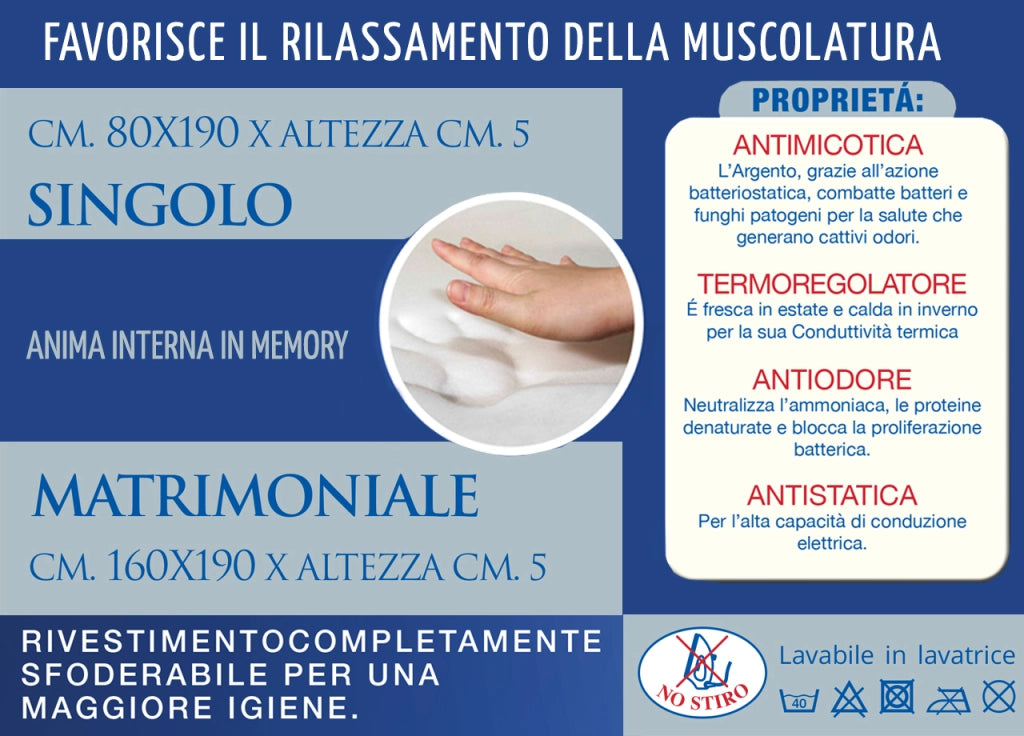 Rinnova Materasso Topper Coprimaterasso Correttivo Antibatterico Memory Silver - Singolo - Silver